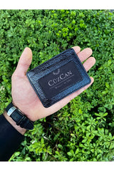 طقم محفظة وحامل بطاقات رجالي جلد طبيعي أسود - حماية RFID