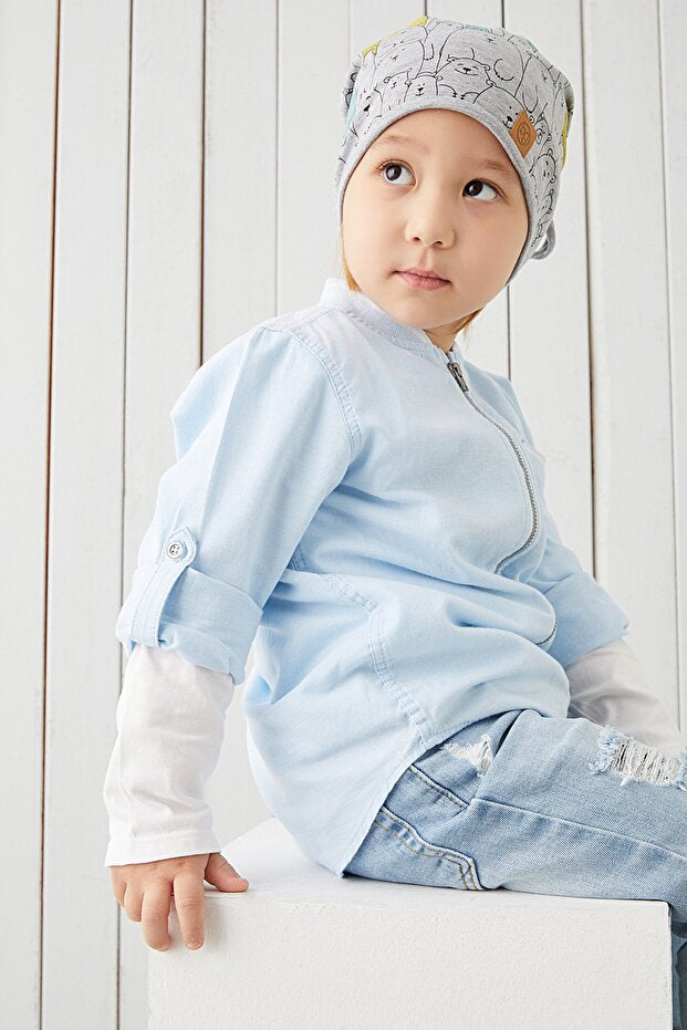 Kids' 4-Season Grey Bear Print Soft Cotton Beanie Hat