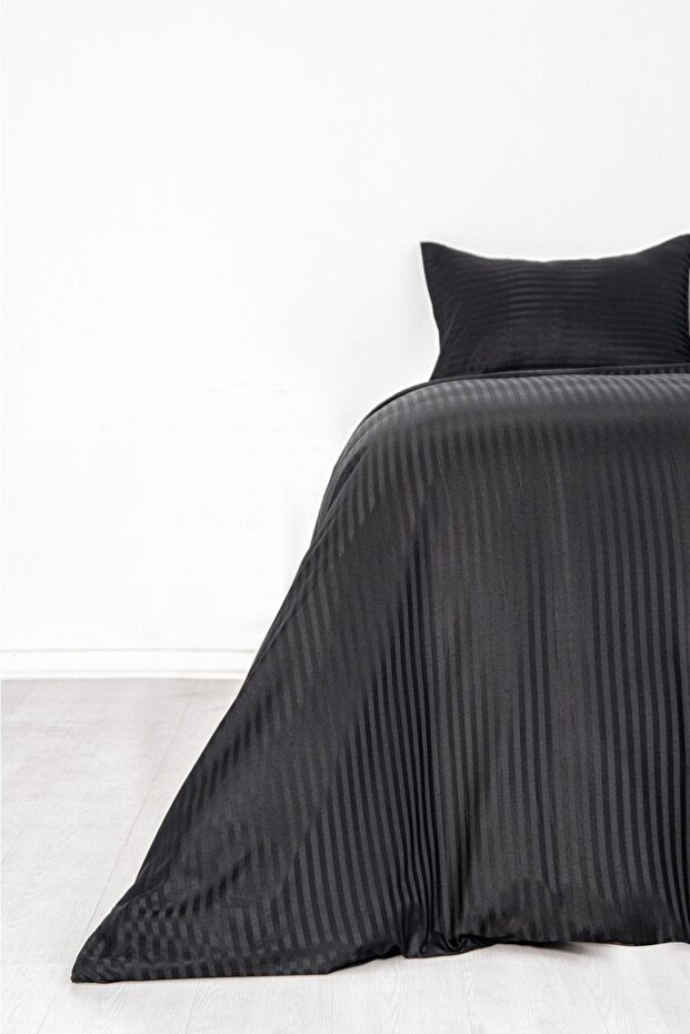Black Microfiber Striped Double Duvet Cover Set - 4 Pieces