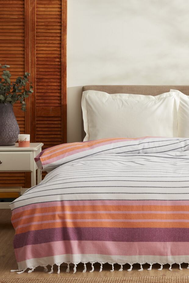 Luis Double Peshtemal Bedspread - Orange Stripes, 180x220 cm