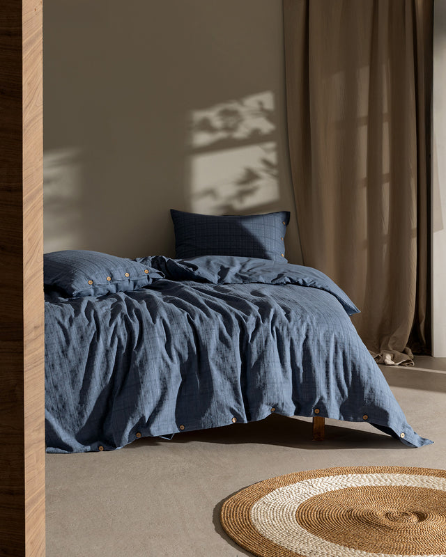 Indigo Dobby Weave 100% Cotton Family Size Duvet Cover Bedding Set