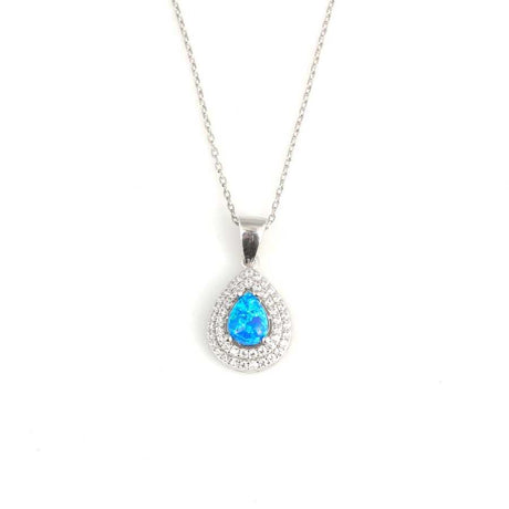 925 Sterling Silver Teardrop Blue Opal & Zircon Halo Necklace