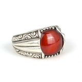 925 Sterling Silver Round Agate Engraved Men's Ring