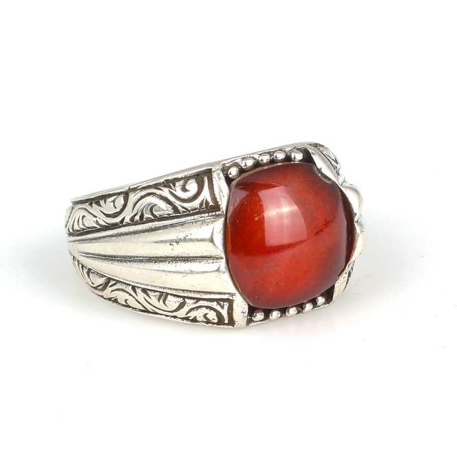 925 Sterling Silver Round Agate Engraved Men's Ring