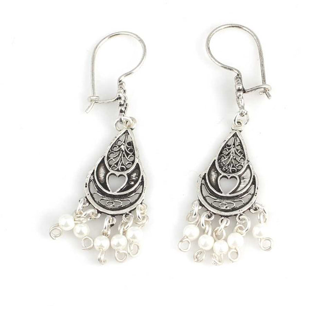 Sterling Silver Filigree Heart & Pearl Drop Earrings