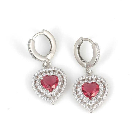 Sterling Silver Double Row Heart Halo Ruby Zircon Drop Earrings
