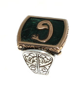 Sterling Silver & Bronze Vav Men's Ring - Green Enamel, Symbolic Design