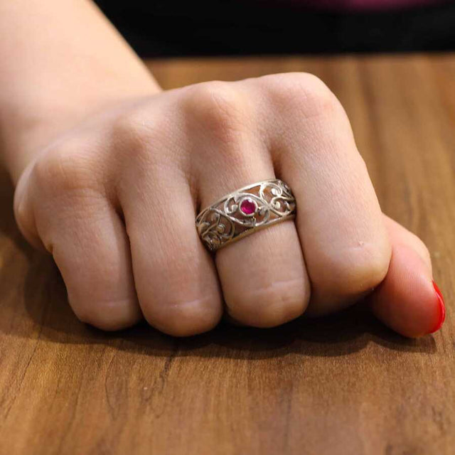 925 Sterling Silver Cast Filigree Ring with Synthetic Ruby Stone