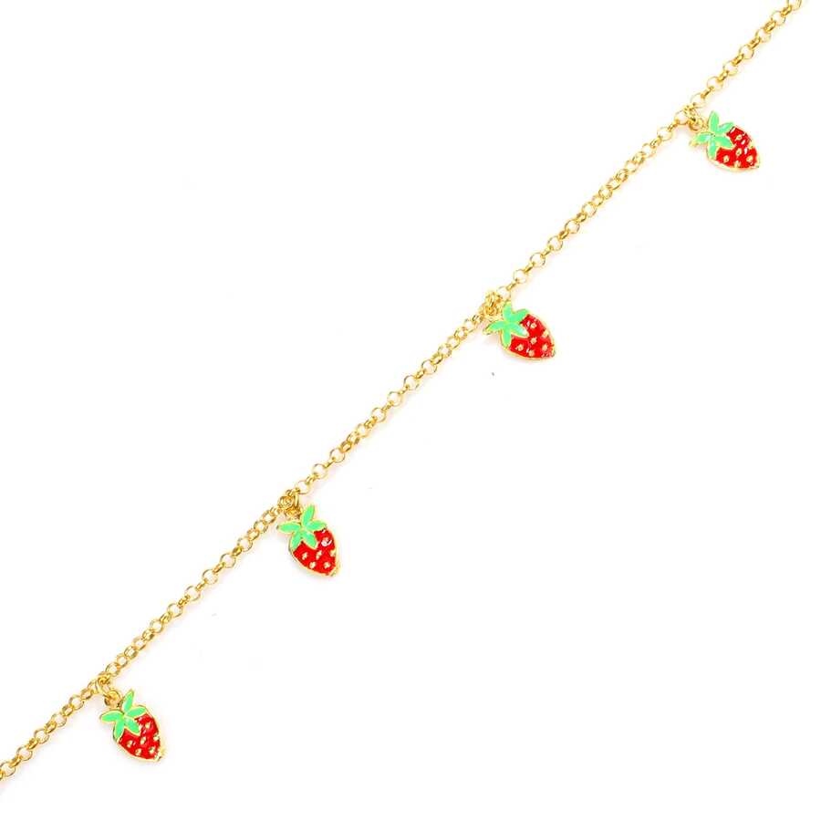 925 Sterling Silver Enamel Strawberry Charm Anklet - Summer Style