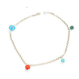Sterling Silver Coral, Turquoise & Evil Eye Charm Anklet