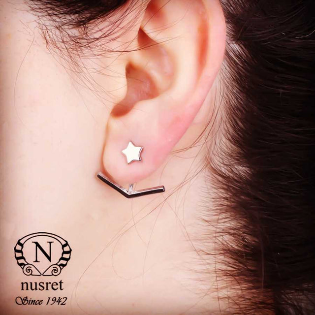 925 Sterling Silver V & Star Ear Jacket Earrings
