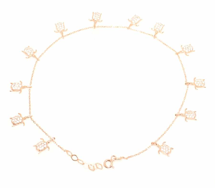 Rose Sterling Silver Turtle Anklet with Zircon Accents