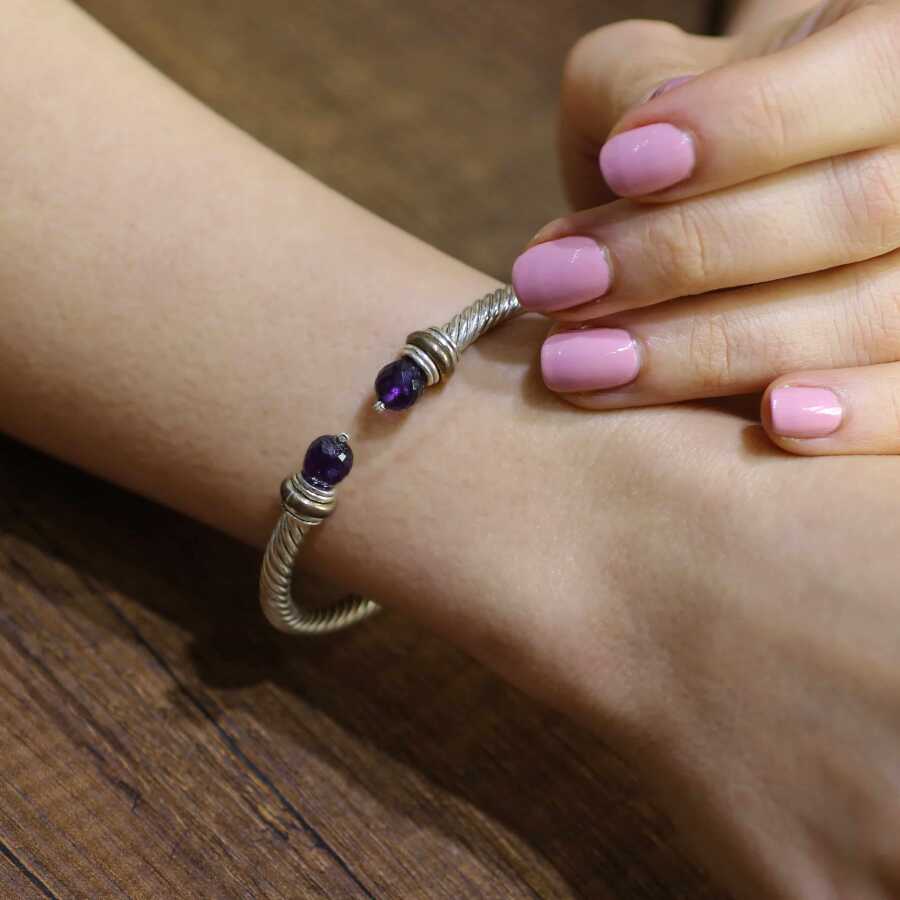 925 Sterling Silver Amethyst Men's Bracelet - Twisted Spring Design