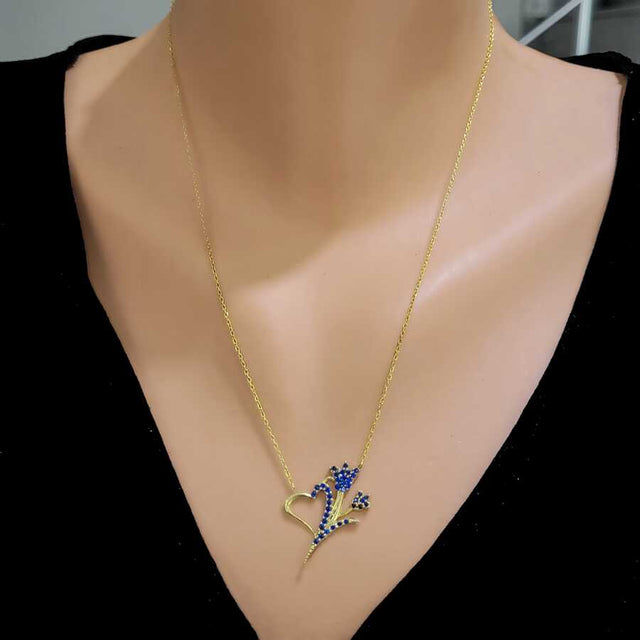 Premium 925 Sterling Silver Navy Stone Heart Tulip Necklace