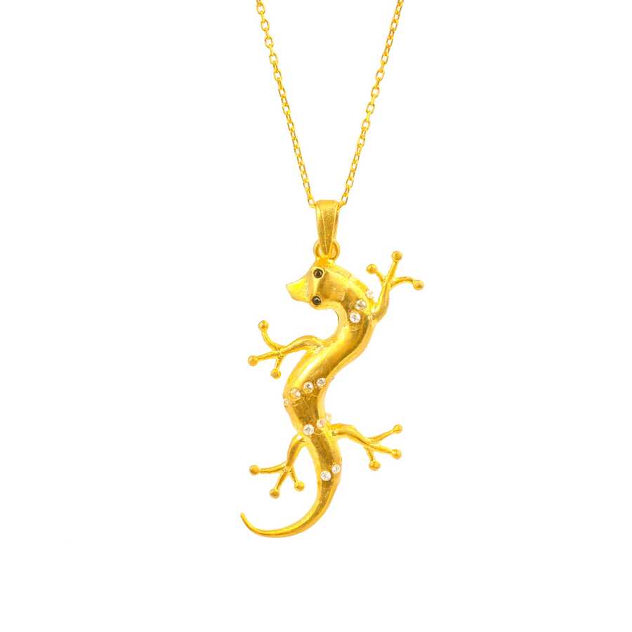 Sterling Silver Zircon Pendant Necklace - Elegant Lizard Design