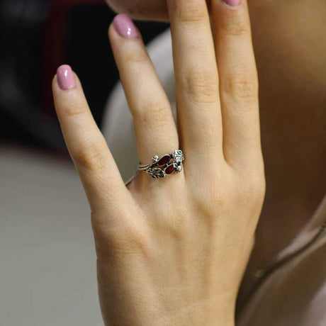 Sterling Silver Double Leaf Ring - Hand-Enameled Red Design