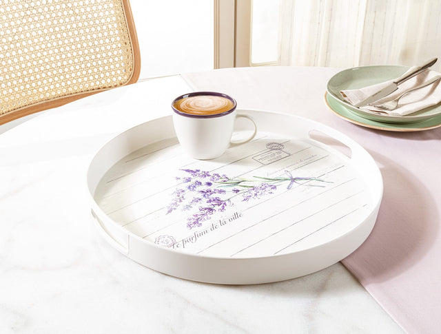 Durable Plastic Round Tray - Lavender Floral Motif