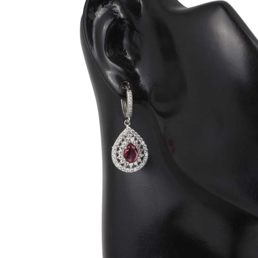 925 Sterling Silver Double Halo Teardrop Ruby Red Zircon Earrings