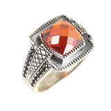 925 Sterling Silver Men's Ring - Four-Cornered Faceted Red Stone