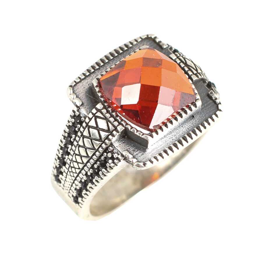 925 Sterling Silver Men's Ring - Four-Cornered Faceted Red Stone