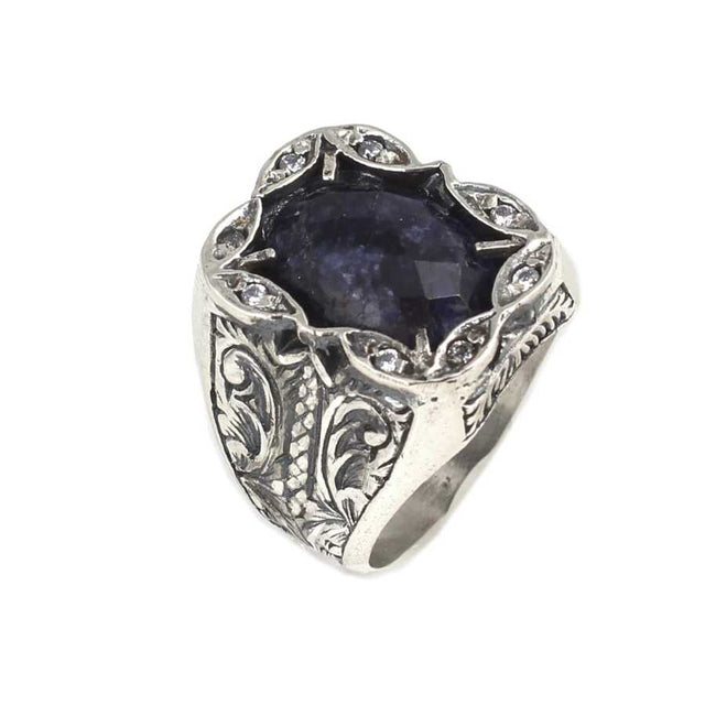 Sterling Silver Root Sapphire Men's Ring - Handcrafted Rectangular