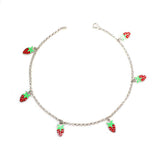 925 Sterling Silver Enamel Strawberry Charm Anklet - Summer Style