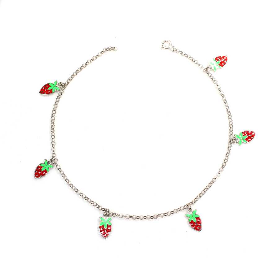 925 Sterling Silver Enamel Strawberry Charm Anklet - Summer Style