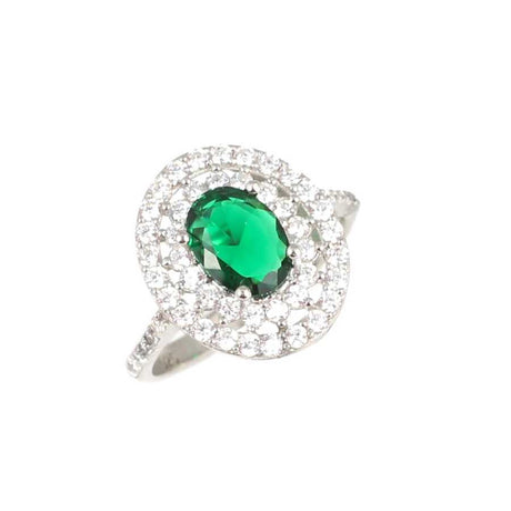925 Sterling Silver Oval Emerald Zircon Double Halo Ring