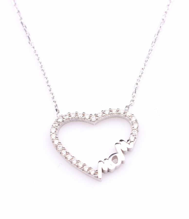 Sterling Silver Mom Heart Necklace - Zircon Embellished