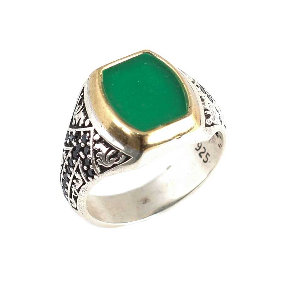 925 Sterling Silver Men's Statement Ring with Green Enamel & Zircon