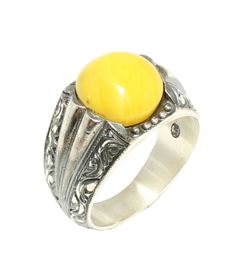 Sterling Silver Men's Ring with Round Amber Stone & Hand-Engraved Band