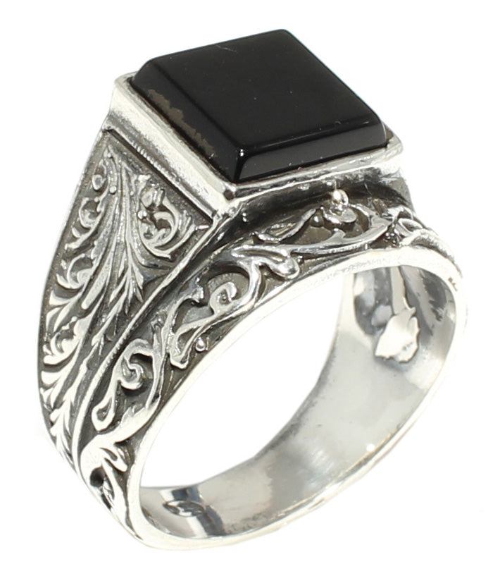 925 Sterling Silver Men's Ring with Square Onyx & Vine Pattern