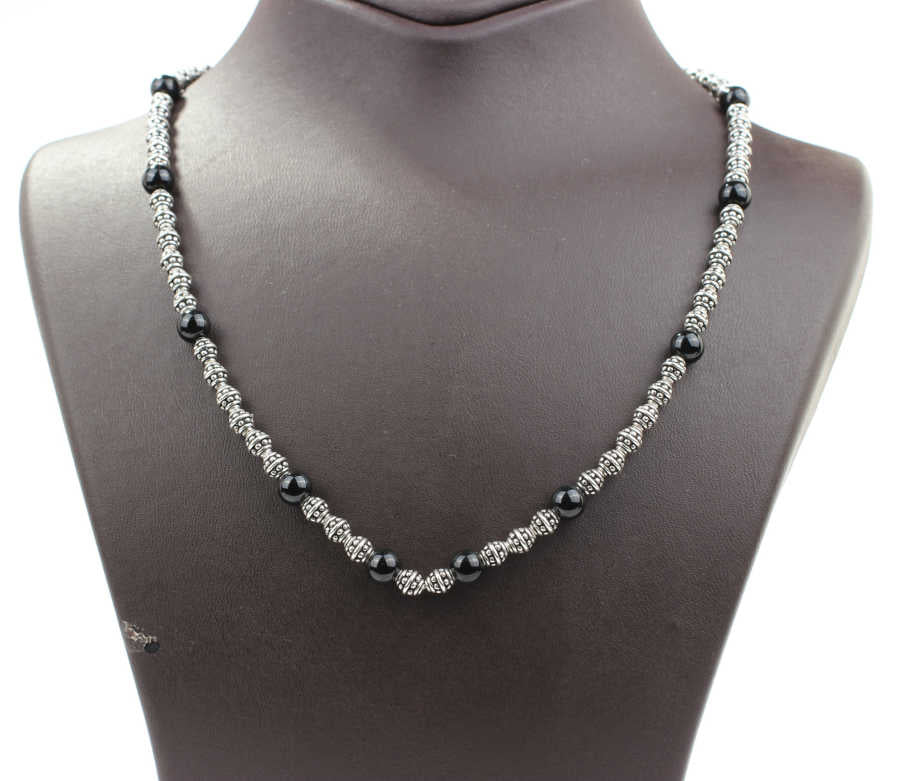 Sterling Silver Onyx Ball Necklace - Intricate Beaded Design