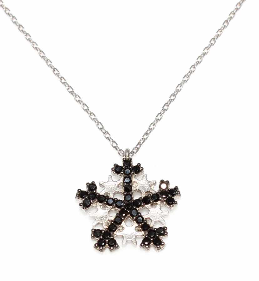 Premium 925 Sterling Silver Snowflake Necklace Black Stone