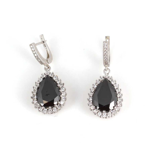 Sterling Silver Teardrop Onyx Dangle Earrings with Zircon Halo