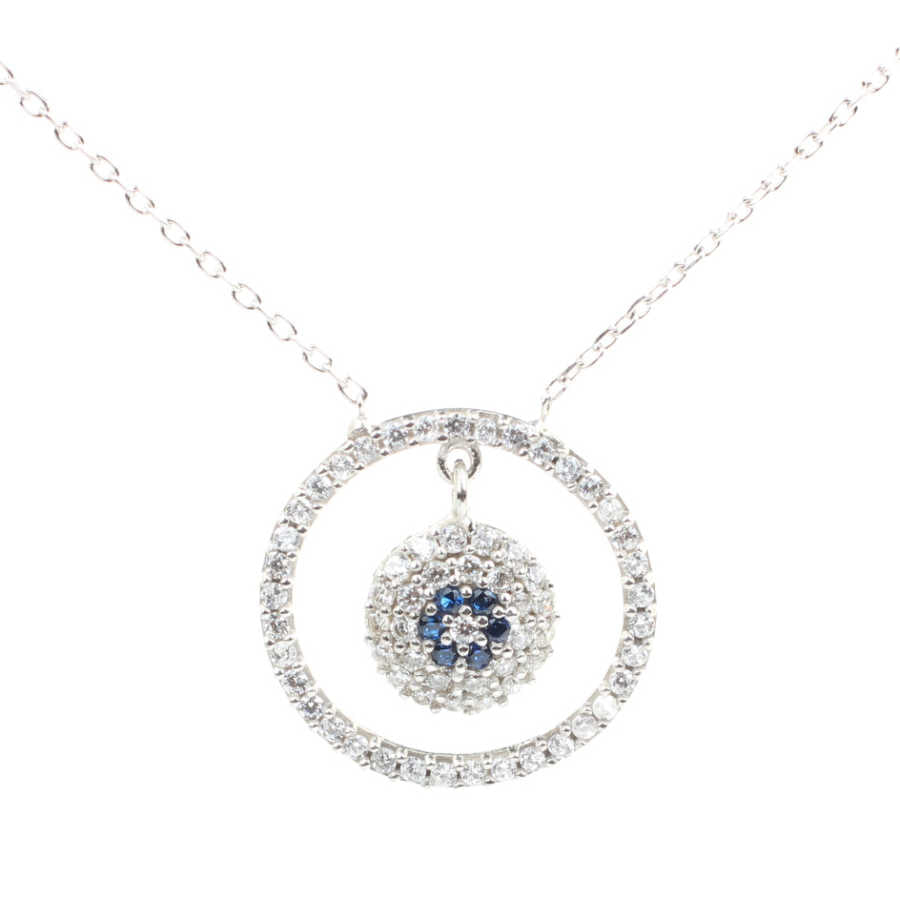 Sterling Silver Evil Eye Hoop Necklace - Zircon Gemstone
