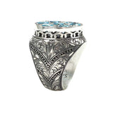 Sterling Silver Handcrafted Men's Ring with Aquamarine and Engraved Column Motif