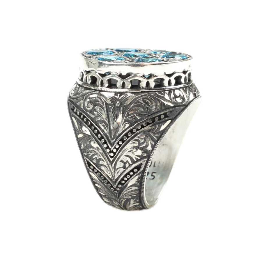 Sterling Silver Handcrafted Men's Ring with Aquamarine and Engraved Column Motif
