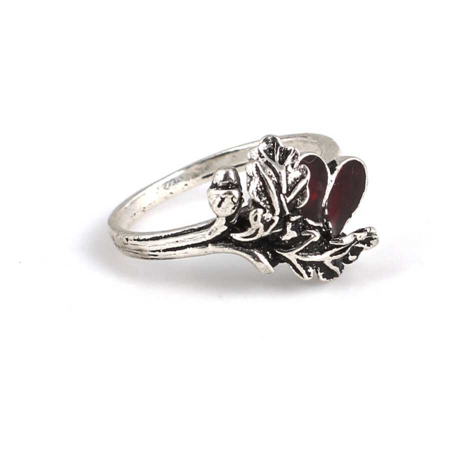 Premium Sterling Silver Red Enamel Leaf Ring