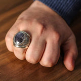 Hand-Engraved 925 Sterling Silver Men's Ring with Root Sapphire