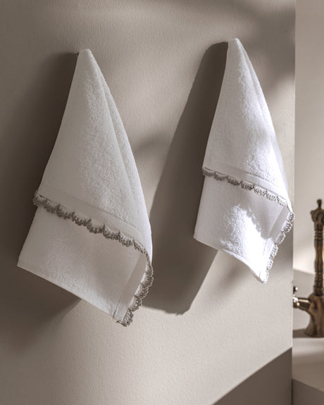 Crochet Trim 100% Cotton Hand Towel Set - White & Gray 2-Pack