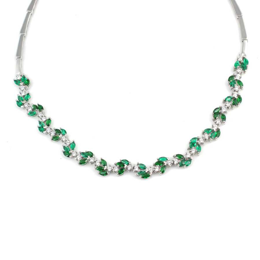 Sterling Silver Lotus Flower Waterway Necklace with Green & White Zircon