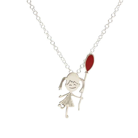 Sterling Silver Whimsical Girl with Red Enamel Balloon Pendant Necklace