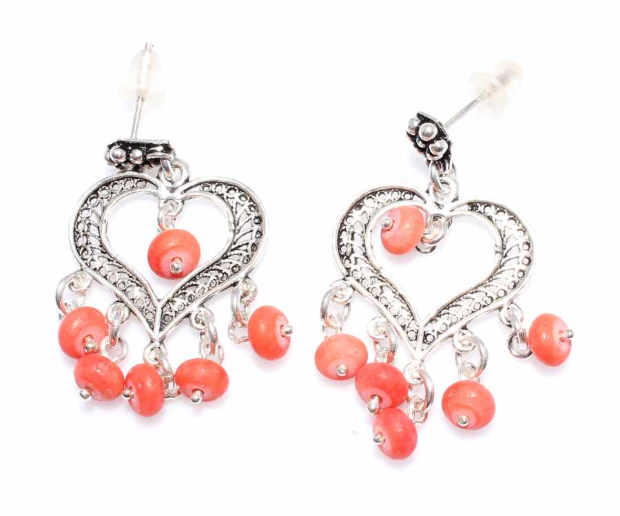 925 Sterling Silver Filigree Heart Coral Stone Earring