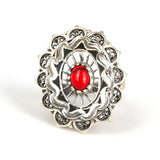 925 Sterling Silver Filigree Ring with Vibrant Ruby-Red Stone