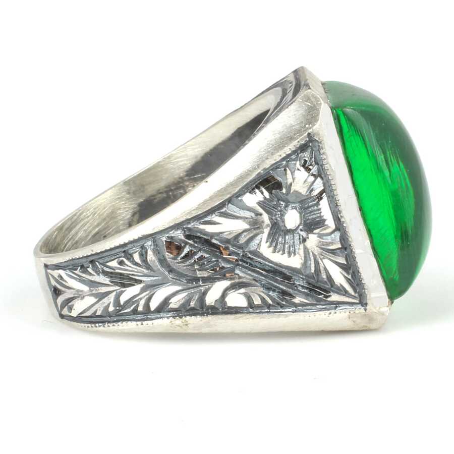 925 Sterling Silver Men's Ring - Hand-Engraved Green Pressed Amber