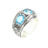 Sterling Silver Hand-Engraved Men's Ring with Three Aquamarine Stones