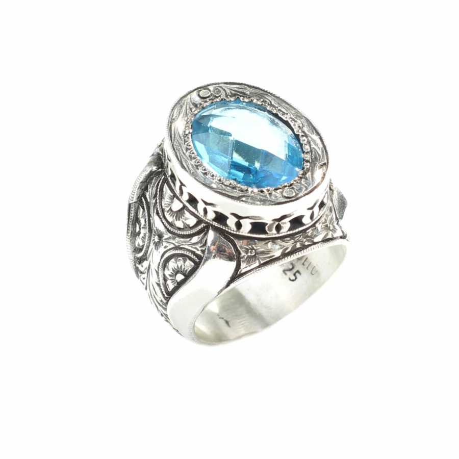 Sterling Silver Men's Aquamarine Ring - Hand-Carved Rose Motif