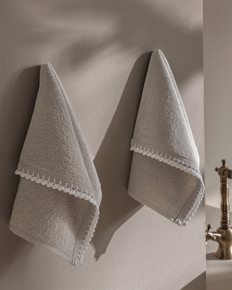 Crocheted 100% Cotton Hand Towel Set - 2 Pack, Grey & White