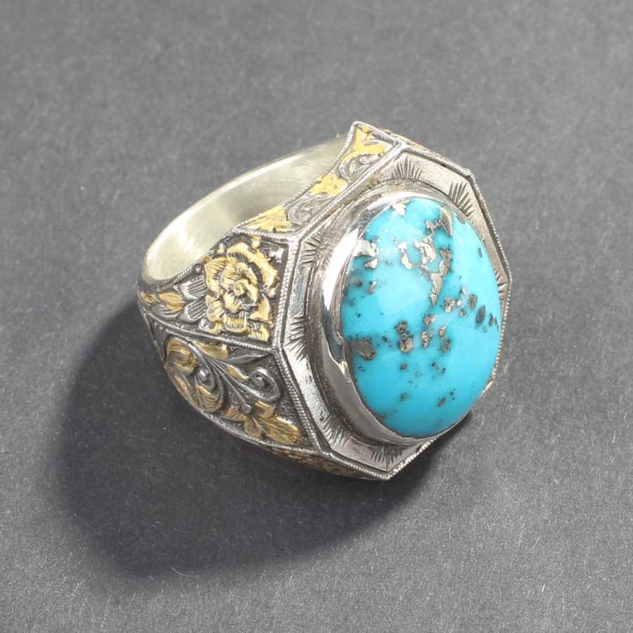 Handcrafted 925 Sterling Silver Men's Ring with Real Turquoise & Engraving